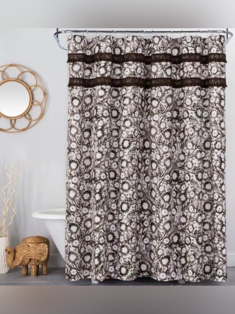 Opalhouse Jungalow Brown Beige Botanical Print Fringe Shower Curtain & Hooks